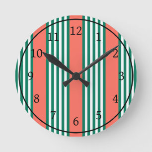 Green and white five stripe pattern with coral round clock