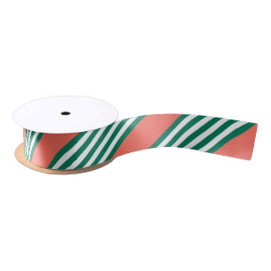 Green and white five stripe pattern with coral satin ribbon
