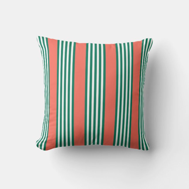 Green and white five stripe pattern with coral throw pillow (Front)