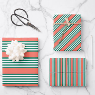 Green and white five stripe pattern with coral wrapping paper sheet