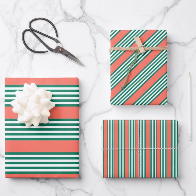Green and white five stripe pattern with coral wrapping paper sheet (Front)