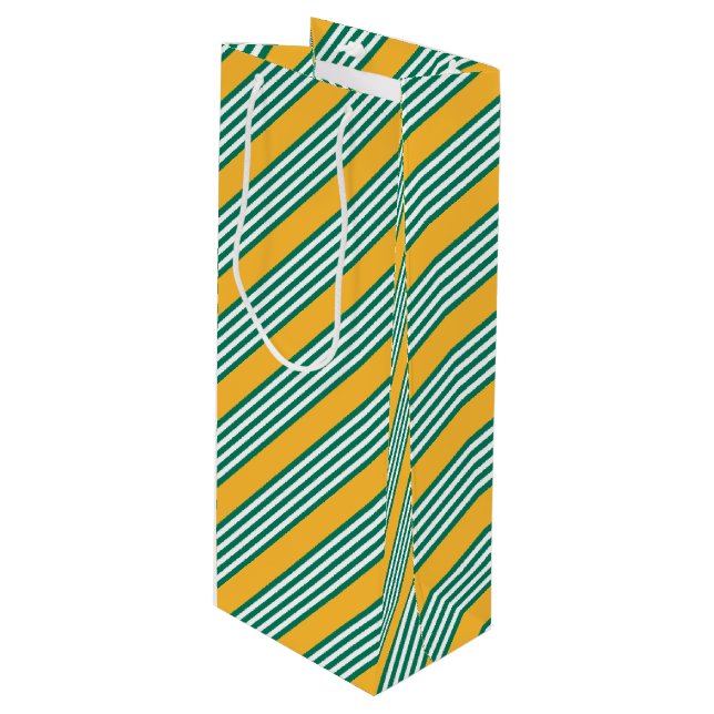 Green and white five stripe pattern with yellow wine gift bag (Front Angled)