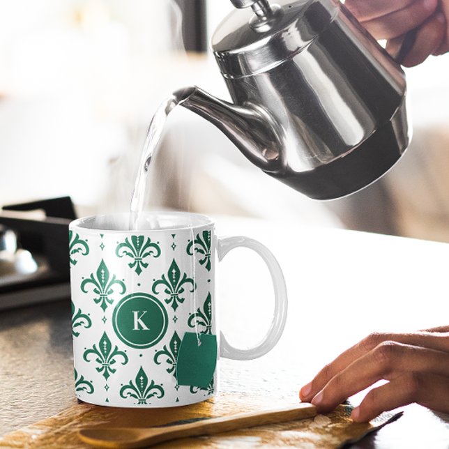 Green and white fleur-de-lis seamless pattern Two-Tone coffee mug (Creator Uploaded)