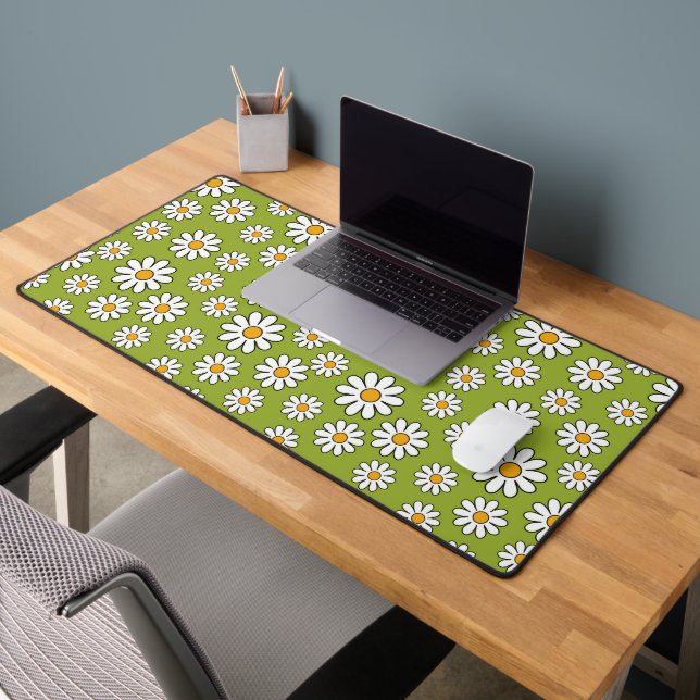 Green and White Floral Daisy Pattern Desk Mat (Office 2)