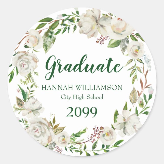 Green and White Floral Graduation Envelope Seal (Front)