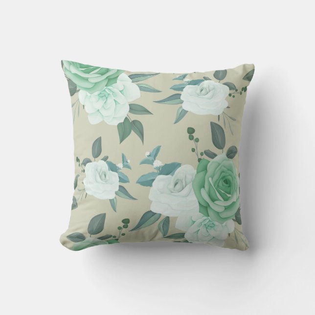 Green and white Floral  Outdoor Pillow (Front)