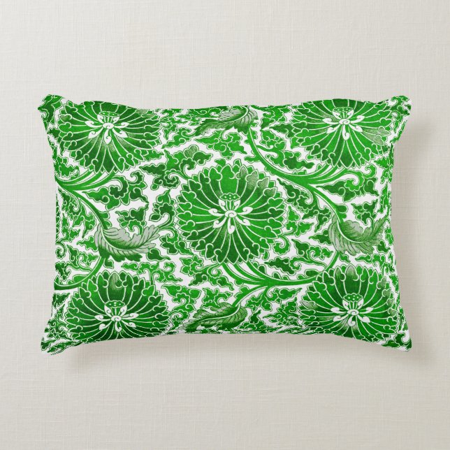 Green and White Floral Pattern Accent Pillow (Front)