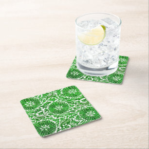 Green and White Floral Pattern Square Paper Coaster