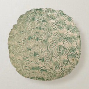 Green and white floral textile round pillow
