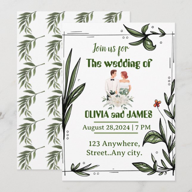 Green and white floral Wedding invitation (Front/Back)