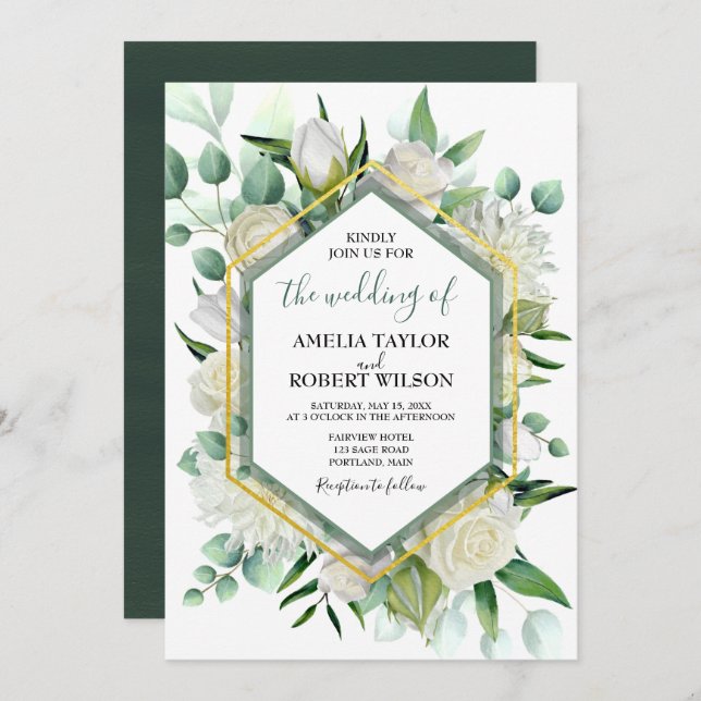 Green and White Floral with Gold Frame Invitation (Front/Back)