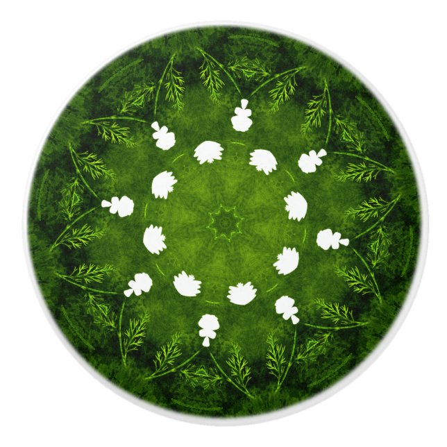 Green and white Flowers Floral Ceramic Knob (Front)