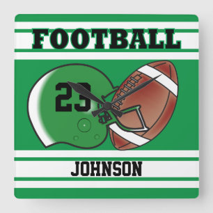 Green and White Football Sport   Personalize Square Wall Clock