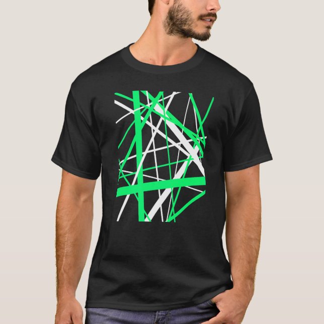 Green and White Geometric Strips Cut Out Pattern T-Shirt (Front)