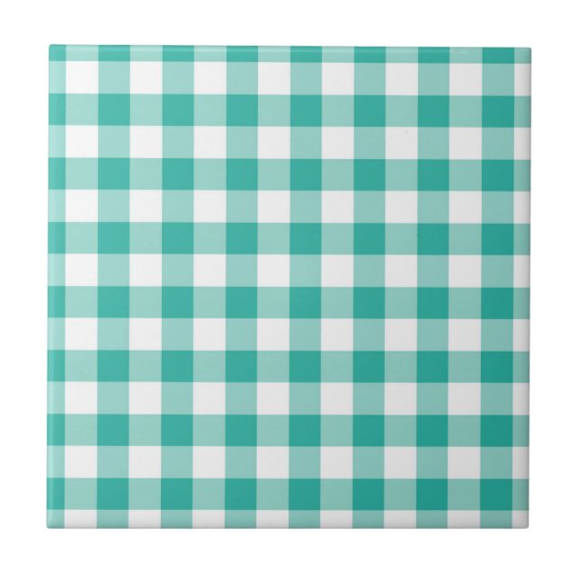 Green And White Gingham Check Pattern Tile (Front)
