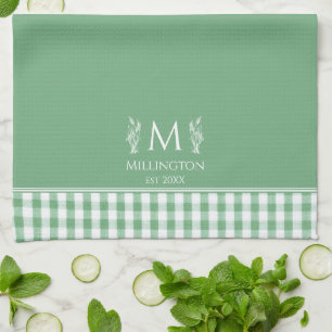 Green and White Gingham Custom Name Monogram Kitchen Towel