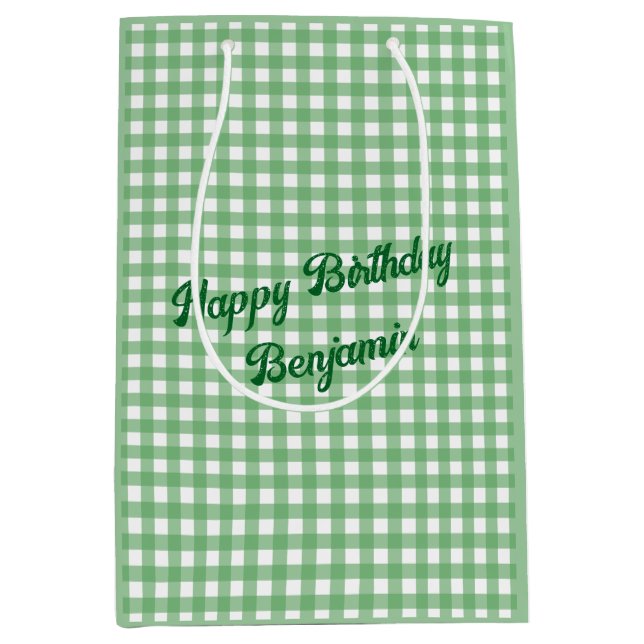 Green and White Gingham Pattern Medium Gift Bag (Front)