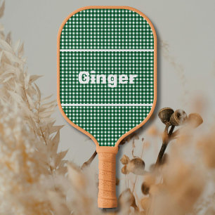 Green and White Gingham Pattern Modern Monogram Pickleball Paddle