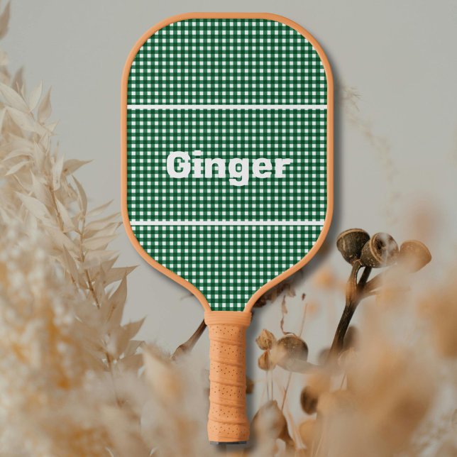 Green and White Gingham Pattern Modern Monogram Pickleball Paddle (Creator Uploaded)