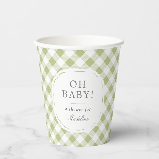 Green and White Gingham Pattern Oh Baby Shower Paper Cups (Front)