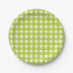 Green and White Gingham Plaid Checks Wedding Party Paper Plate