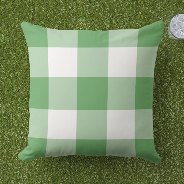 Green and White Gingham Plaid Pattern Outdoor Pillow (Grass)