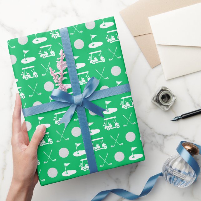 Green and White Golf Balls, Carts & Clubs Wrapping Paper (Gifting)