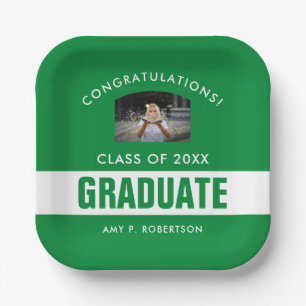 Green and White Graduation Personalized Photo Paper Plate