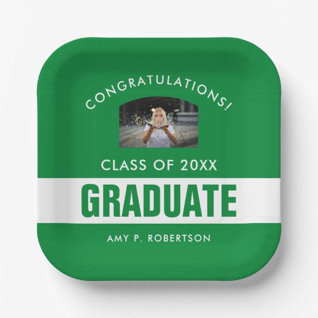 Green and White Graduation Personalized Photo Paper Plate (Front)