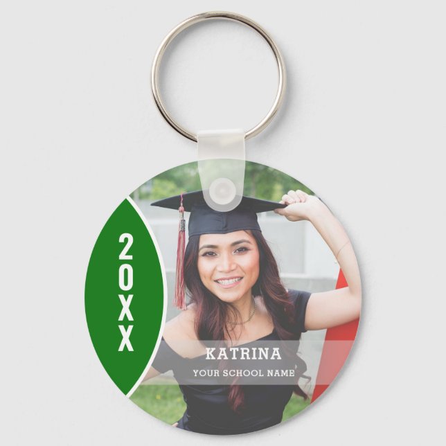 Green and White Graduation Photo Custom Keychain (Front)