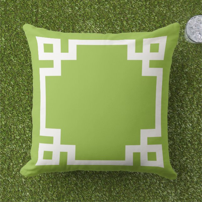 Green and White Greek Key Border Outdoor Pillow (Grass)