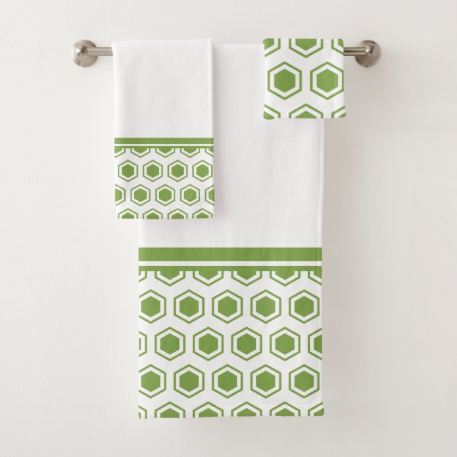 Green and White Hexagonal Pattern Bath Towel Set (Insitu)