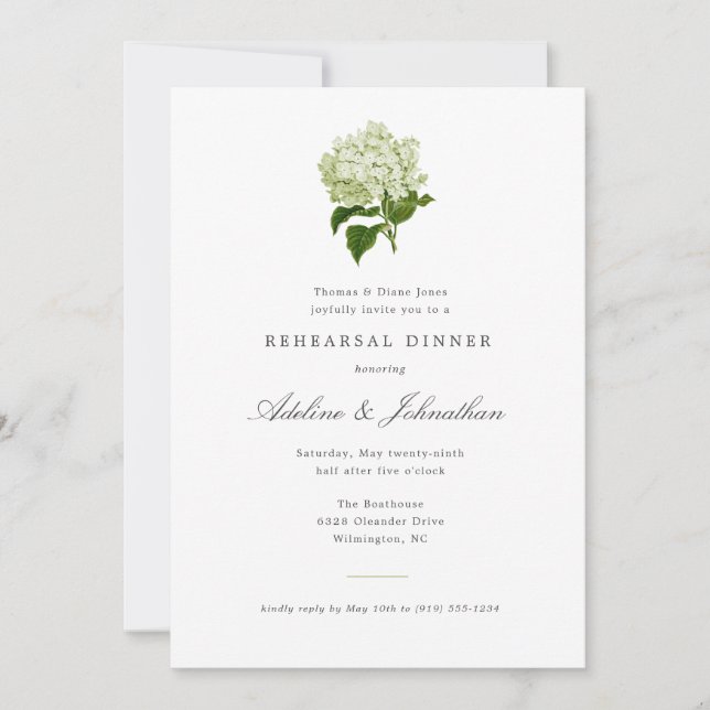 Green and White Hydrangea Elegant Rehearsal Dinner Invitation (Front)
