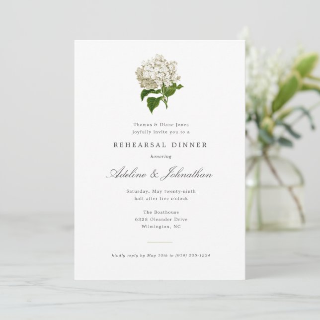 Green and White Hydrangea Elegant Rehearsal Dinner Invitation (Standing Front)