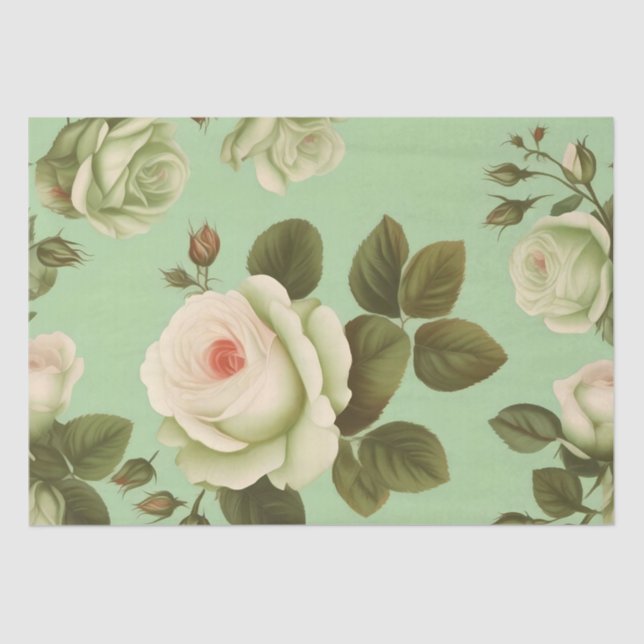 Green and White Italian Flower Print Decoupage /  Tissue Paper (Front)