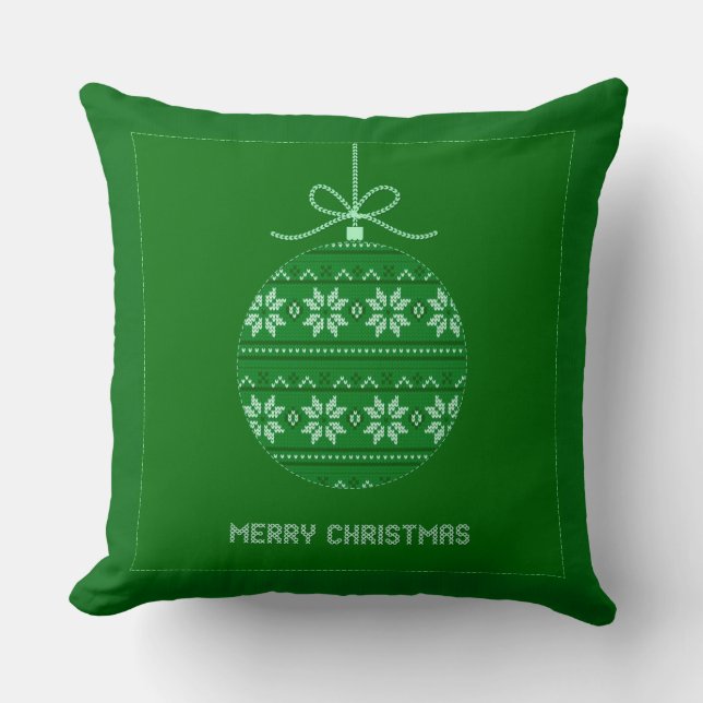 Green And White Knitted Merry Christmas Ornament Throw Pillow (Front)