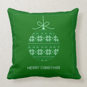 Green And White Knitted Merry Christmas Ornament Throw Pillow