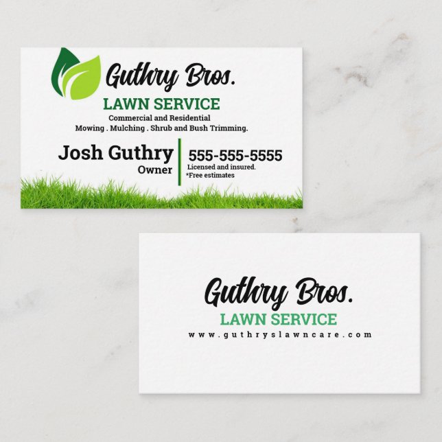 Green and White Leaf Lawn Service Business Card  (Front/Back)
