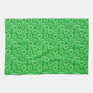 Green and White Love Hearts Pattern Kitchen Towel
