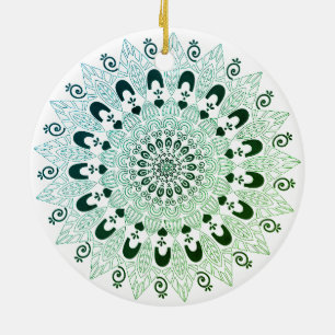 Green and White Mandala Flower Design Ceramic Ornament