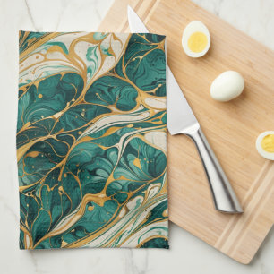 Green and White Marble with Gold Accents Kitchen Towel