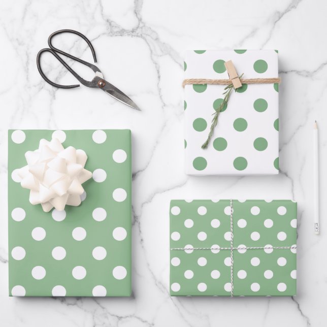 Green and White Matching Polka Dot Pattern Wrapping Paper Sheet (Front)