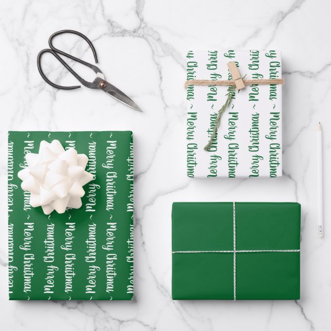 Green and White Merry Christmas Typography Gift Wrapping Paper Sheet (Front)