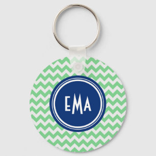Green And White Monogram Geometric Chevron Pattern Keychain