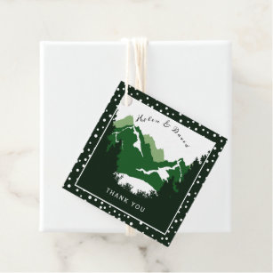 Green and white mountains and polka dots wedding favour tags