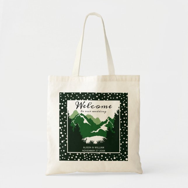 Green and white mountains wedding welcome tote bag (Front)