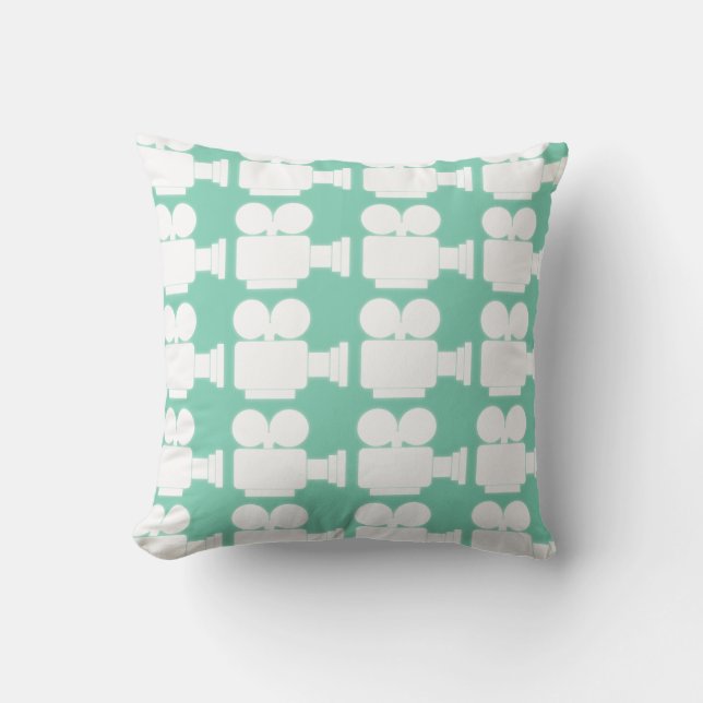 GREEN AND WHITE MOVIE CAMERA MOTIF THROW PILLOW (Front)