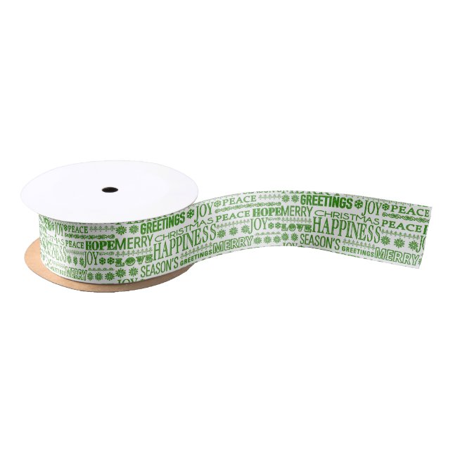 Green And White Multilingual Merry Christmas Satin Ribbon (Spool)
