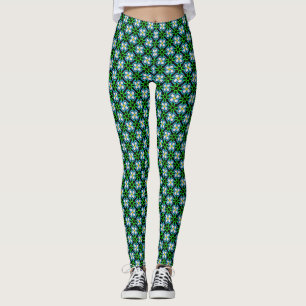 Green and White Ornamental Flower Floral Pattern Leggings