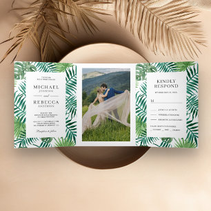 Green and White Palm Leaves Tropical Wedding Tri-Fold Invitation